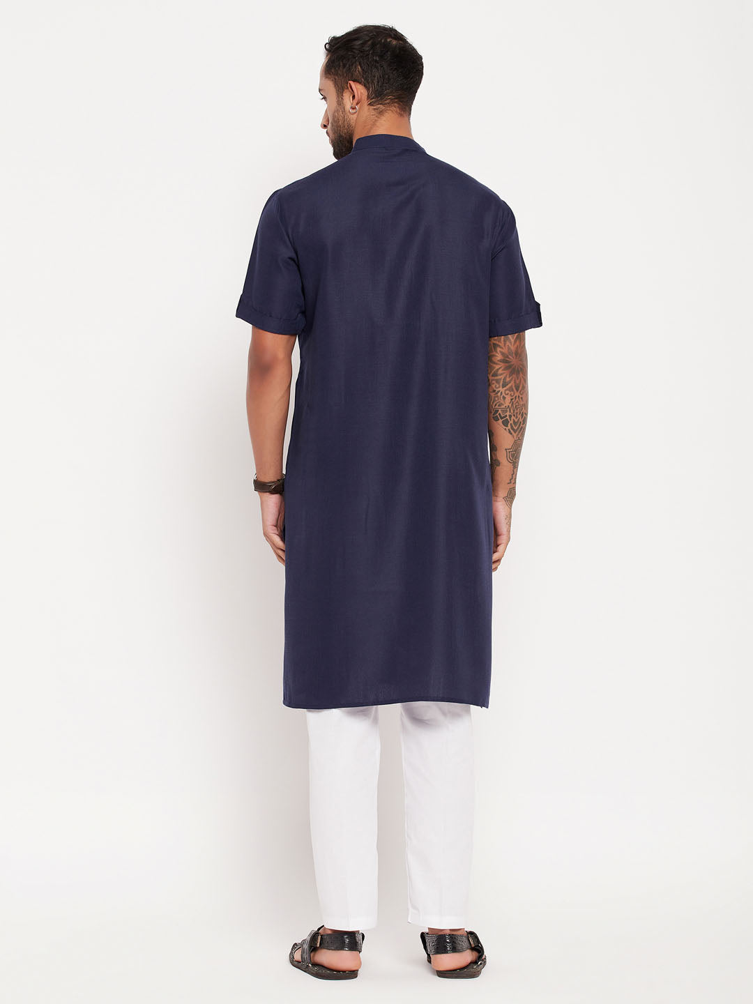 Men's Navy Blue Cotton Straight Kurta Pyjama Set