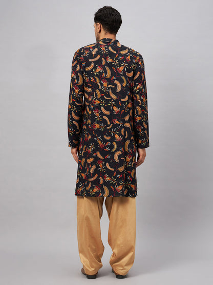 Men's Black Rayon Straight Kurta and Patiala Set