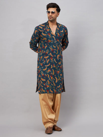 Men's Blue Rayon Straight Kurta and Patiala Set