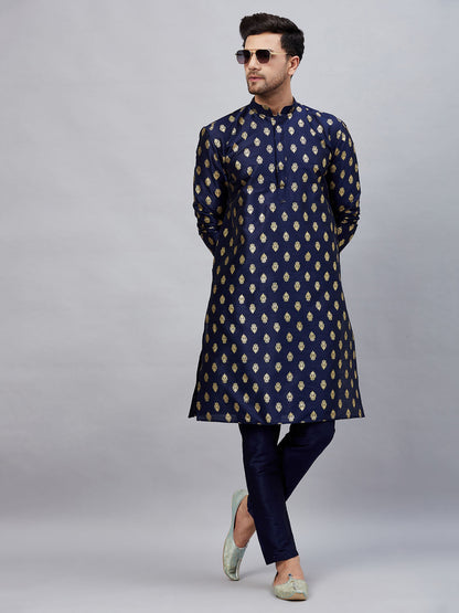 Men's Navy blue Silk Blend Straight Kurta Pyjama Set