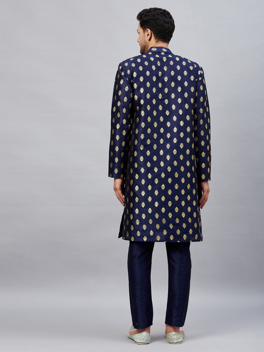 Men's Navy blue Silk Blend Straight Kurta Pyjama Set