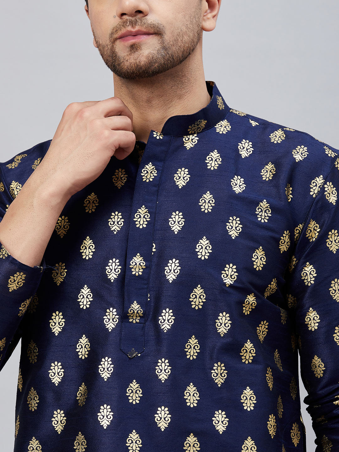 Men's Navy blue Silk Blend Straight Kurta Pyjama Set