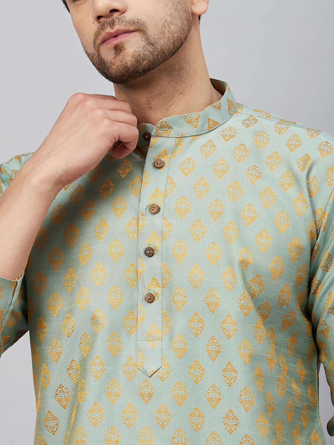 Men's Mint Green Silk Blend Straight Kurta Pyjama Set