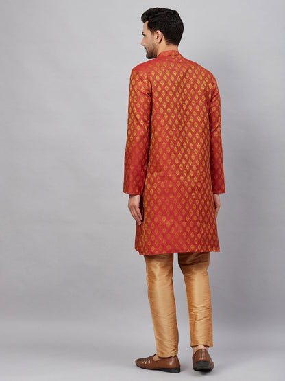 Men's Red Silk Blend Straight Kurta Pyjama Set