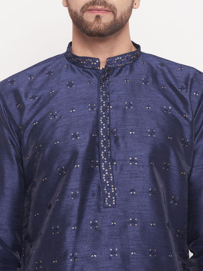 Men's Navy Blue Silk Blend Straight Kurta Pyjama Set
