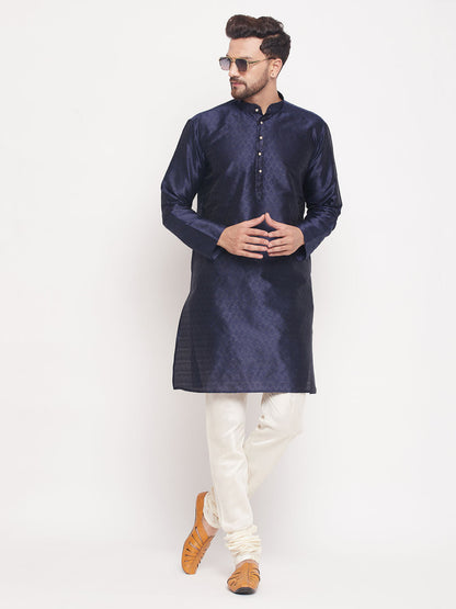 Men's Navy Blue Silk Blend Straight Kurta Pyjama Set