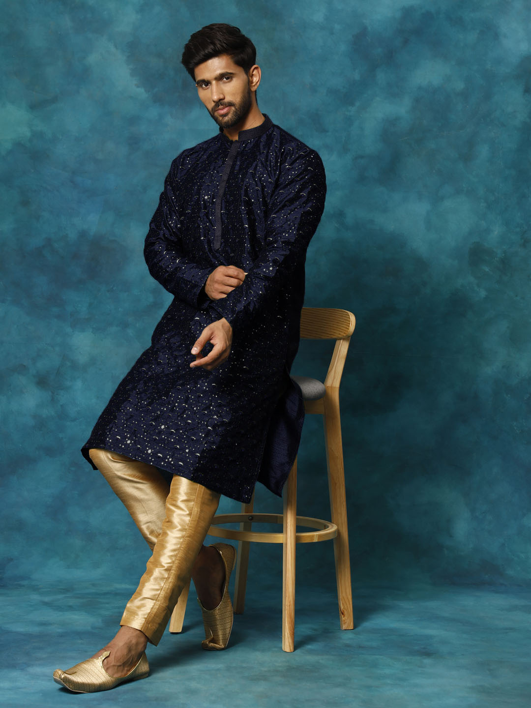 Men's Navy Blue Silk Blend Straight Kurta Pyjama Set