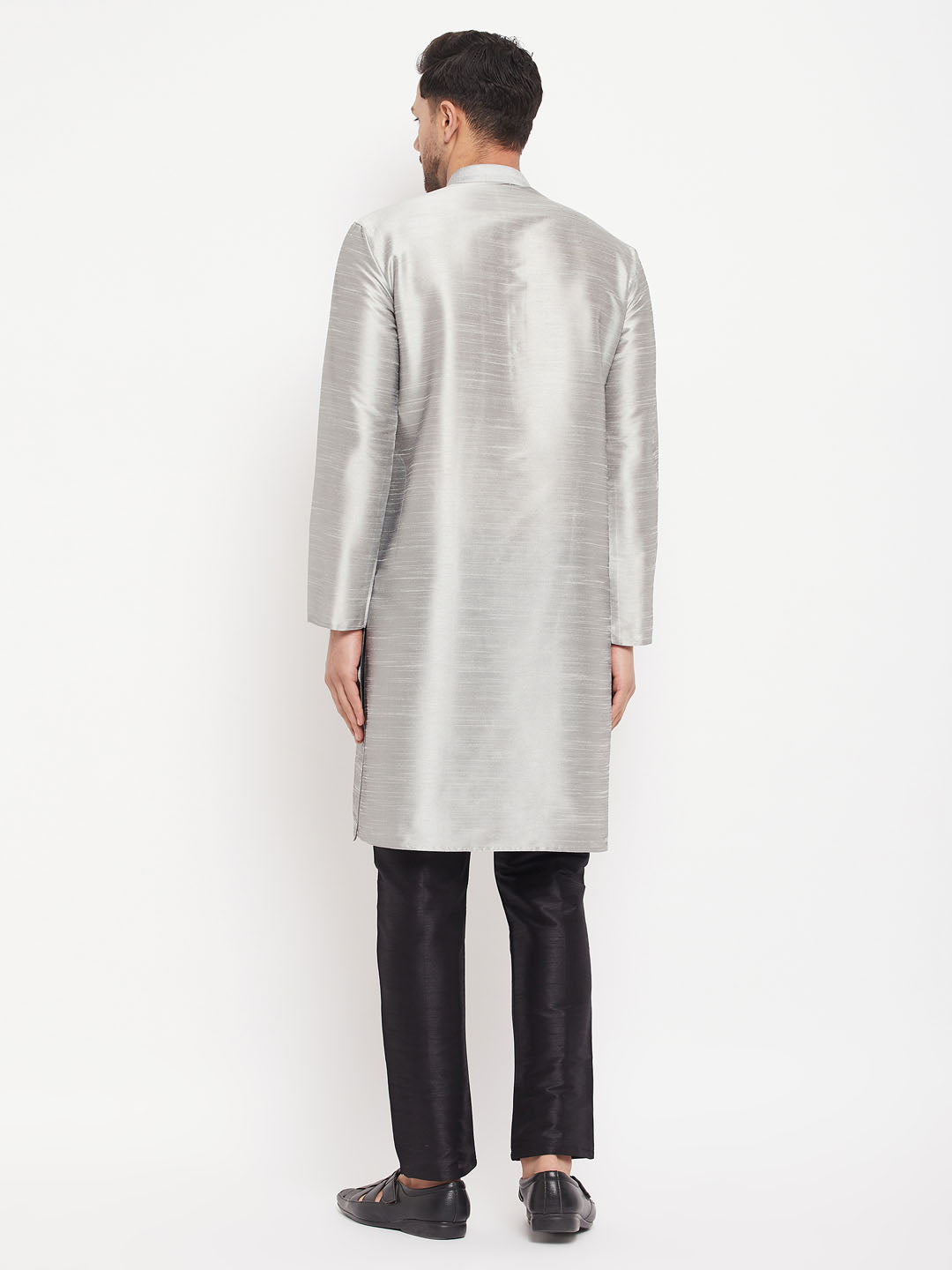 Men's Grey Silk Blend Straight Kurta Pyjama Set