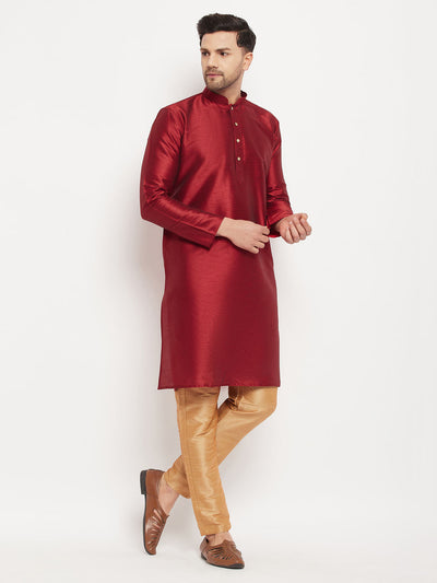 Men's Maroon Silk Blend Straight Kurta Pyjama Set