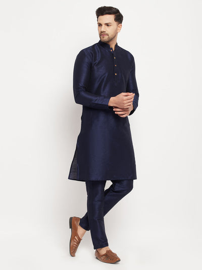 Men's Navy blue Silk Blend Straight Kurta Pyjama Set