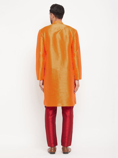 Men's Orange Silk Blend Straight Kurta Pyjama Set
