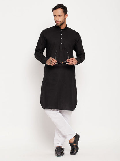 Men's Black Cotton Linen Pathani Kurta Pyjama Set
