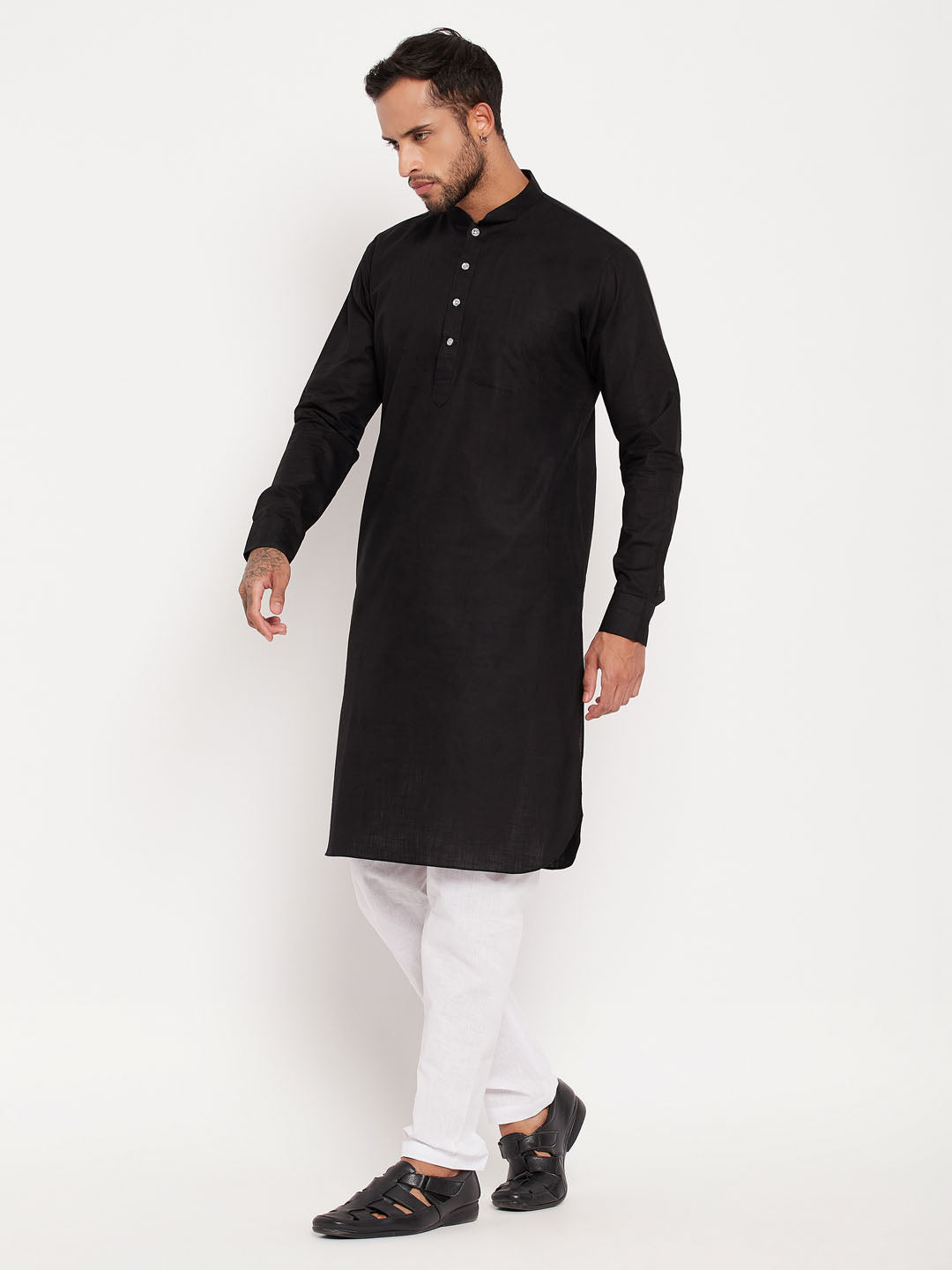 Men's Black Cotton Linen Pathani Kurta Pyjama Set