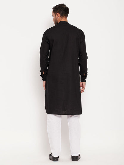 Men's Black Cotton Linen Pathani Kurta Pyjama Set