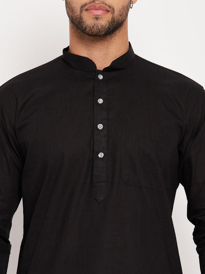 Men's Black Cotton Linen Pathani Kurta Pyjama Set