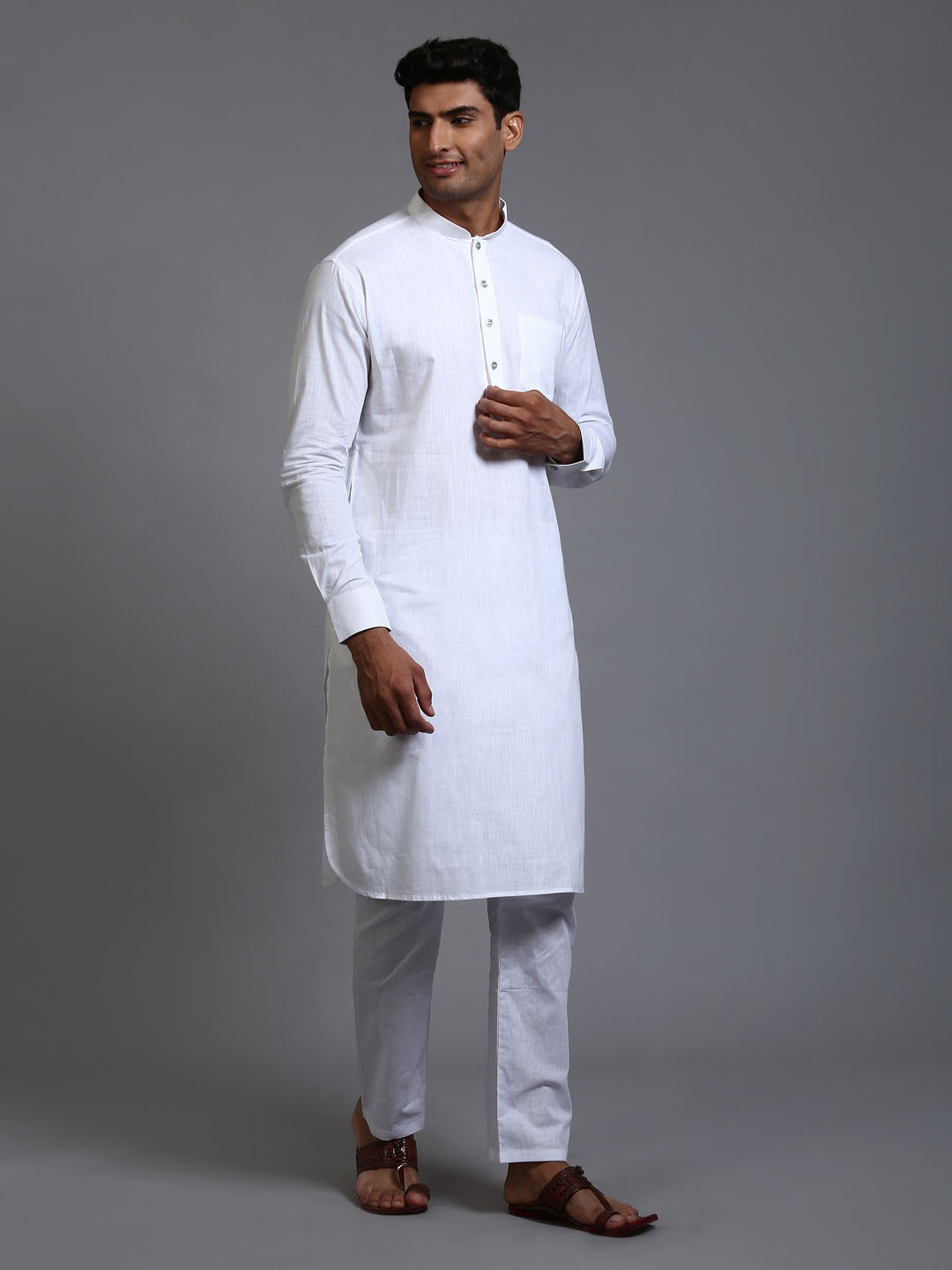 Men's White Cotton Linen Pathani Kurta Pyjama Set