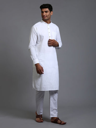 Men's White Cotton Linen Pathani Kurta Pyjama Set