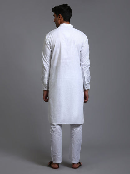 Men's White Cotton Linen Pathani Kurta Pyjama Set