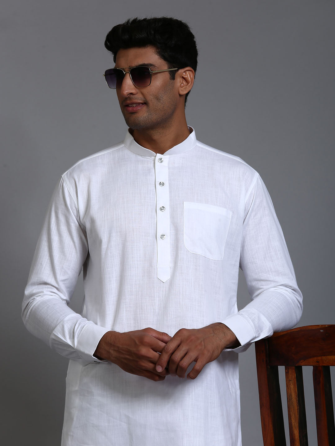 Men's White Cotton Linen Pathani Kurta Pyjama Set