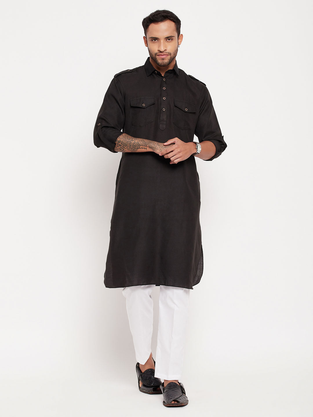 Men's Black Cotton Blend Pathani Kurta Pyjama Set