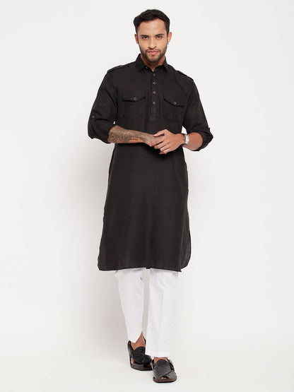 Men's Black Cotton Blend Pathani Kurta Pyjama Set