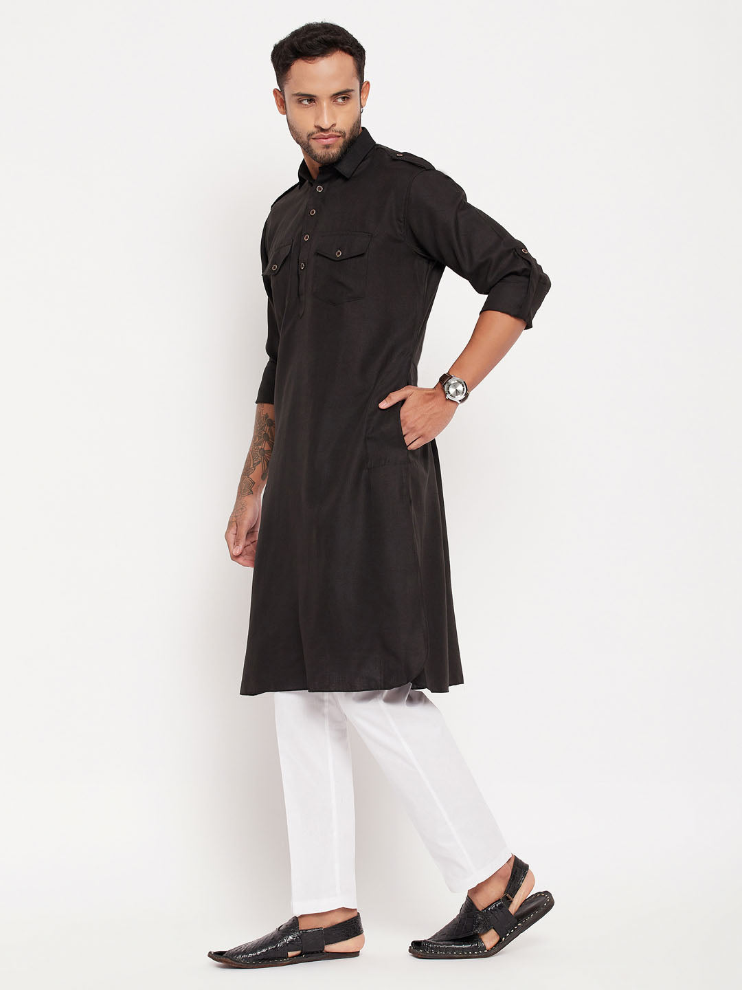 Men's Black Cotton Blend Pathani Kurta Pyjama Set