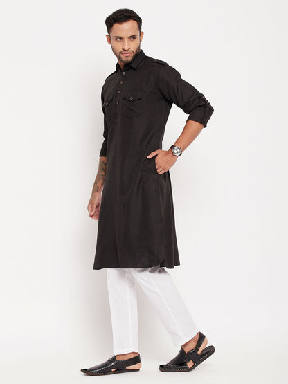 Men's Black Cotton Blend Pathani Kurta Pyjama Set