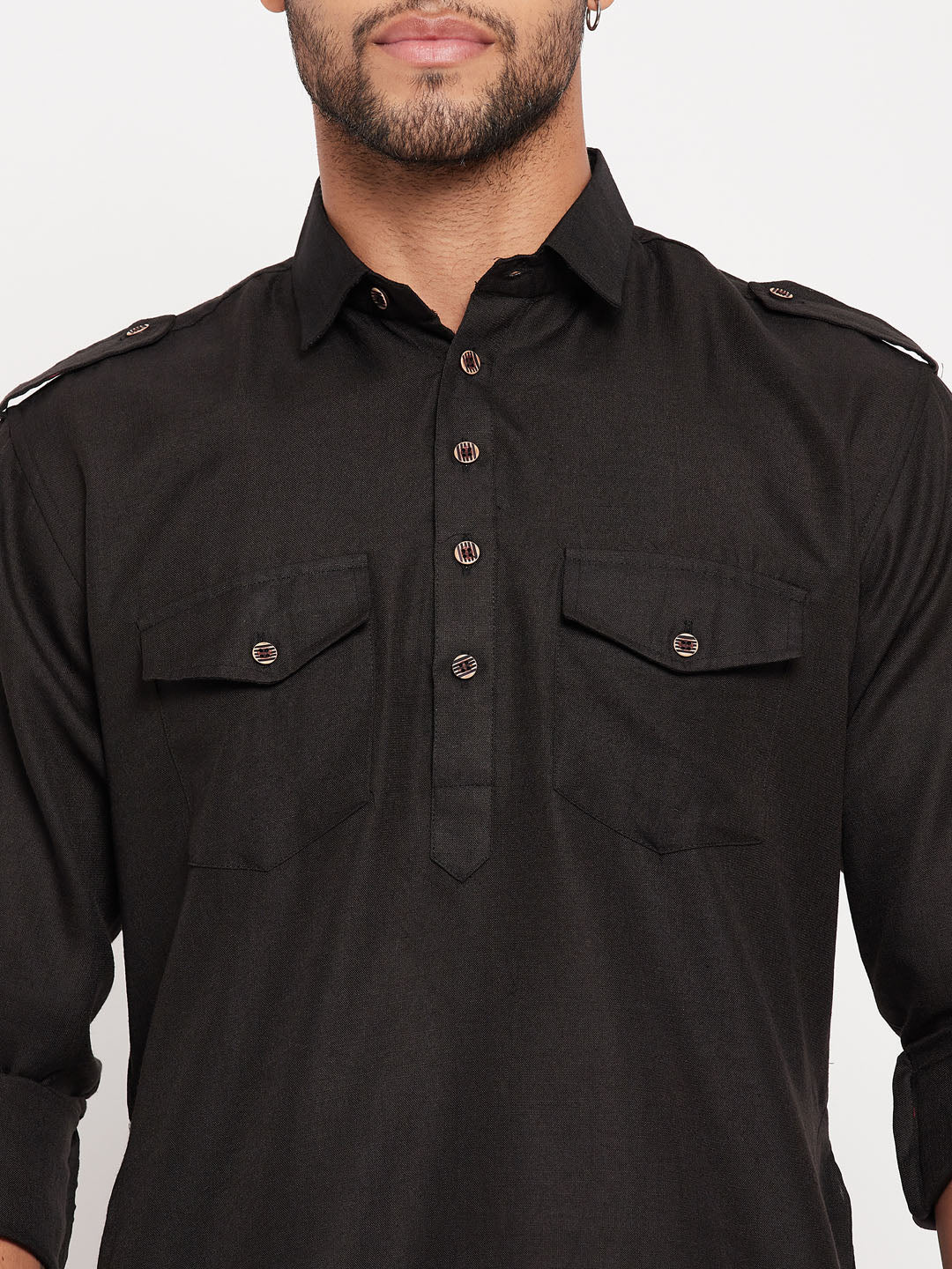 Men's Black Cotton Blend Pathani Kurta Pyjama Set
