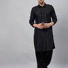 Men's Black Cotton Blend Pathani Kurta And Patiala Set