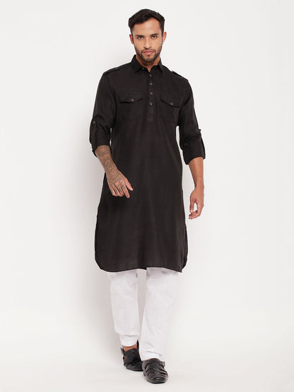 Men's Black Cotton Blend Pathani Kurta Pyjama Set