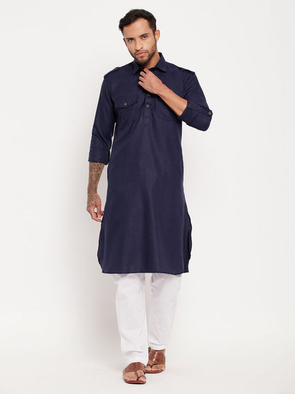 Men's Blue Cotton Blend Pathani Kurta Pyjama Set