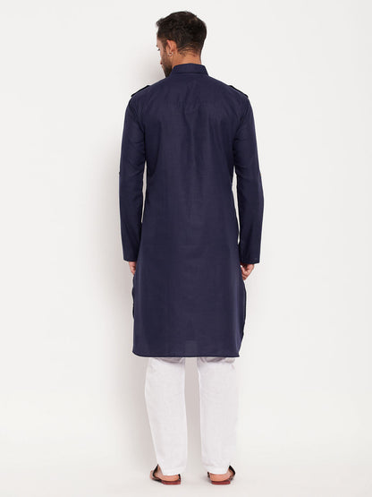 Men's Blue Cotton Blend Pathani Kurta Pyjama Set