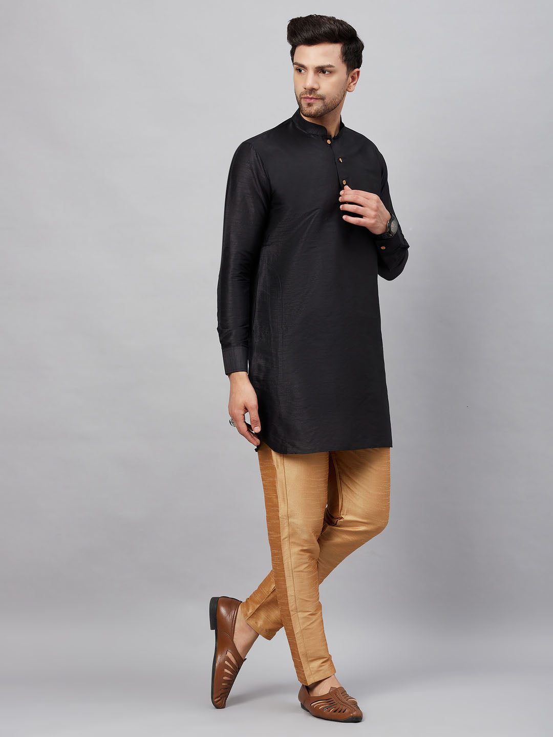 Men's Black Cotton Blend Pathani Kurta Pyjama Set