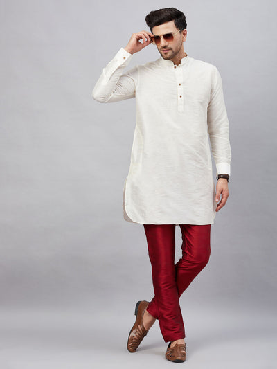 Men's Cream Cotton Blend Pathani Kurta Pyjama Set