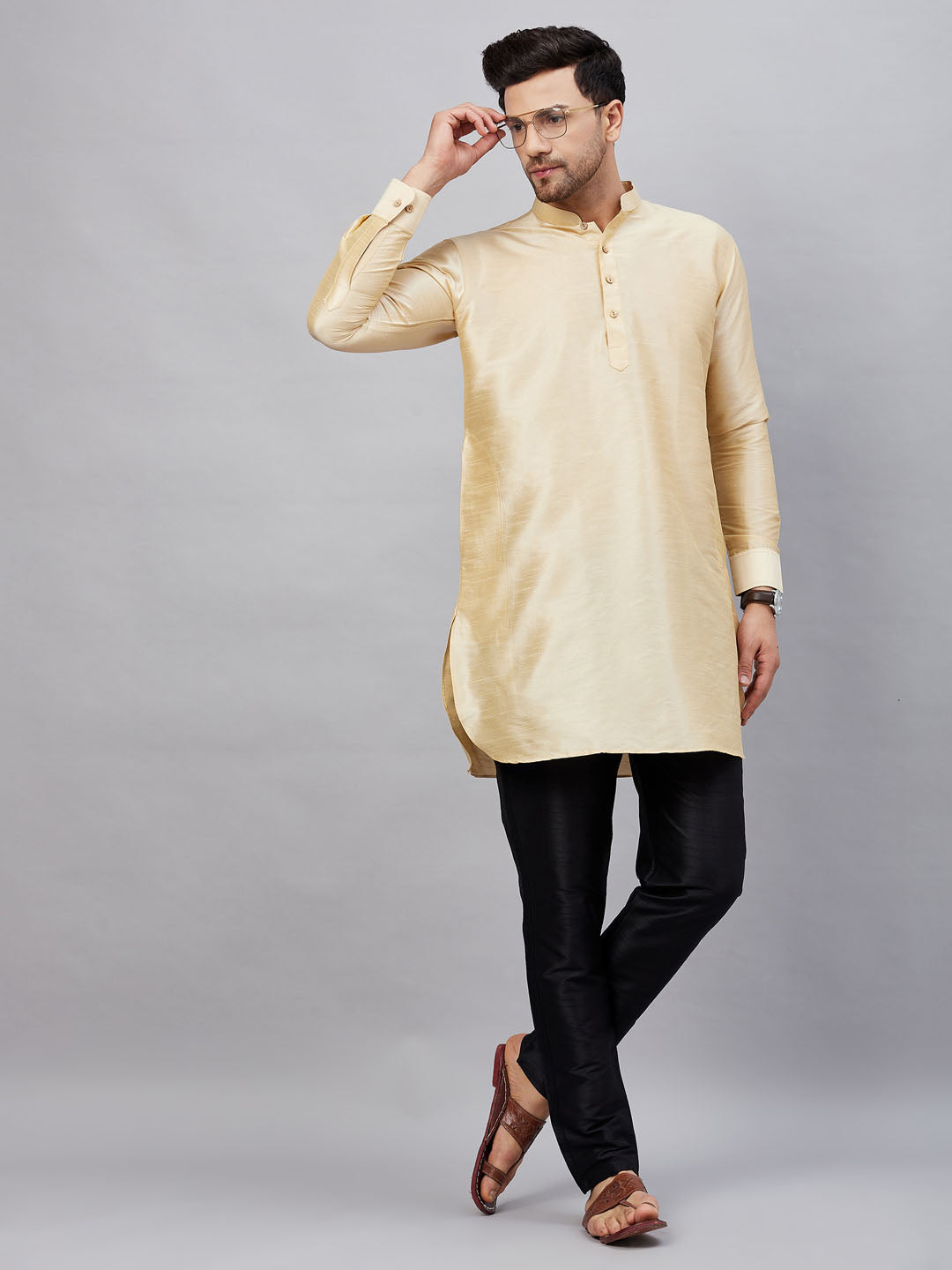 Men's Gold Cotton Blend Pathani Kurta Pyjama Set