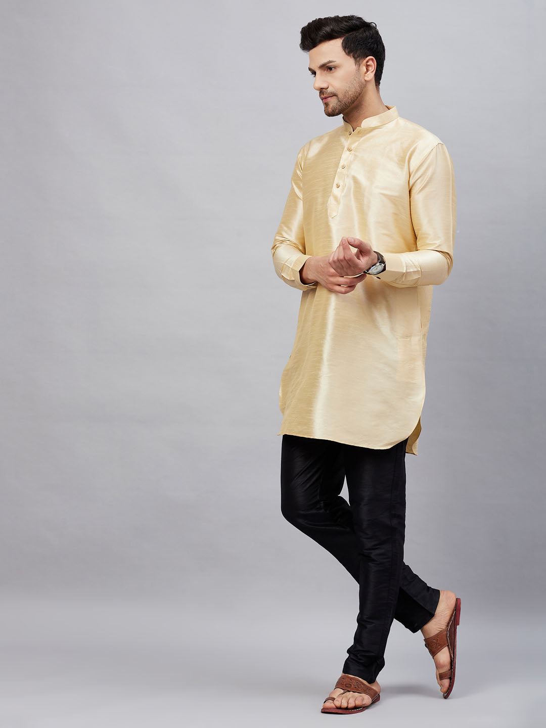 Men's Gold Cotton Blend Pathani Kurta Pyjama Set