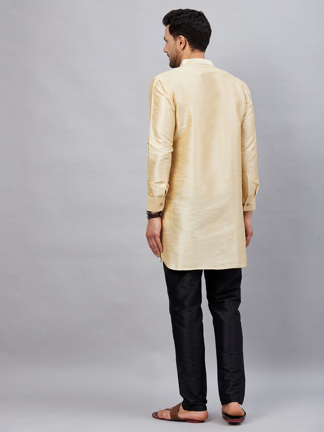 Men's Gold Cotton Blend Pathani Kurta Pyjama Set