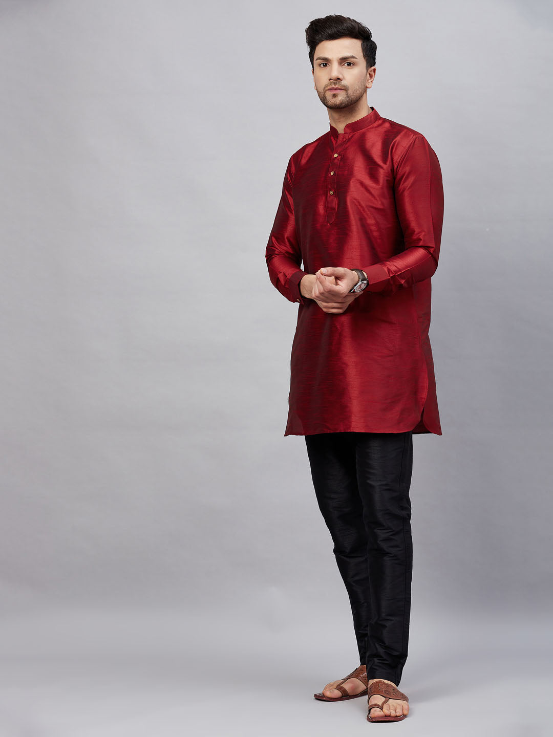 Men's Maroon Cotton Blend Pathani Kurta Pyjama Set