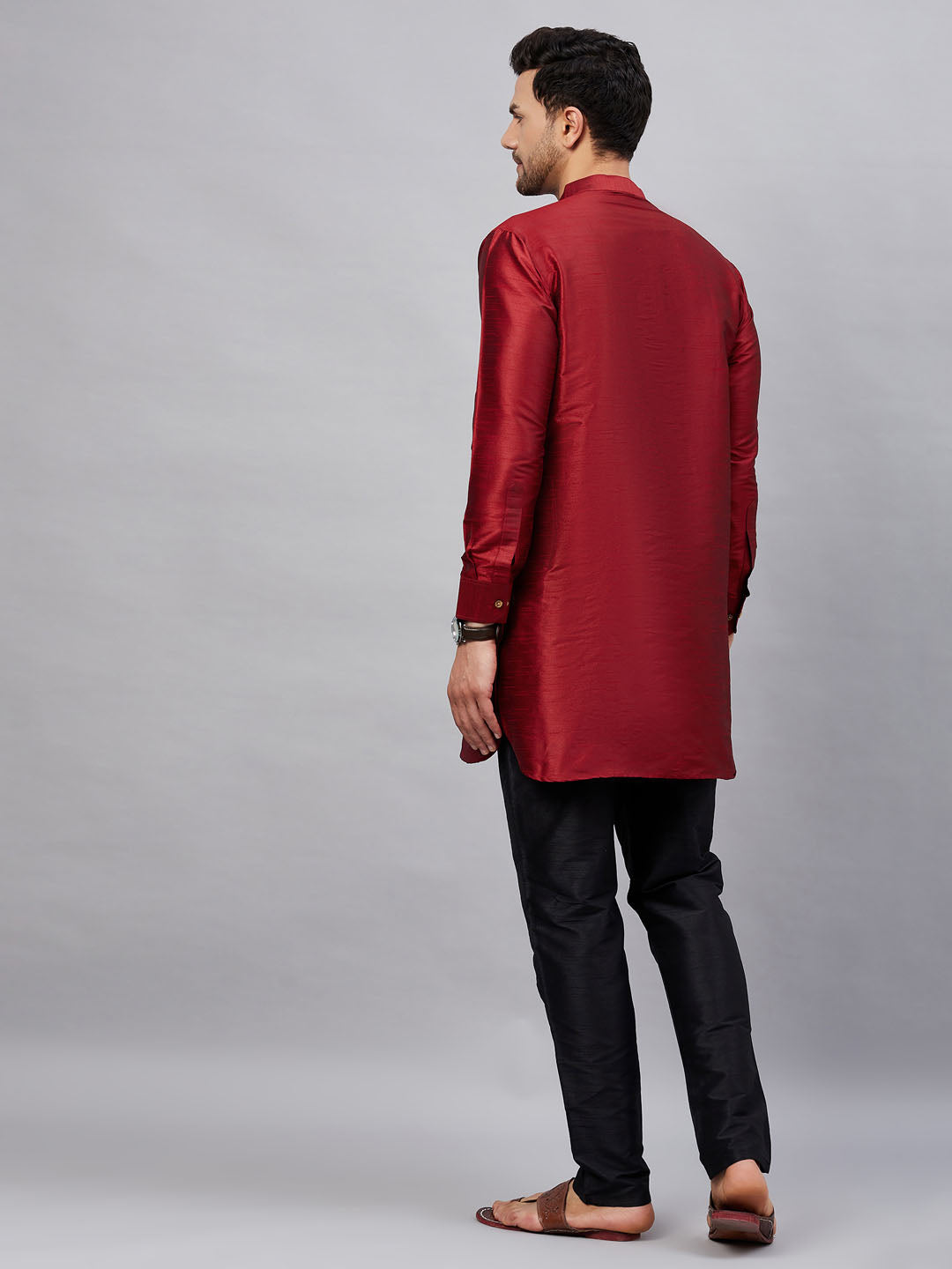 Men's Maroon Cotton Blend Pathani Kurta Pyjama Set
