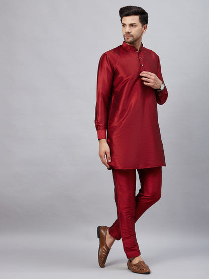 Men's Maroon Cotton Blend Pathani Kurta Pyjama Set