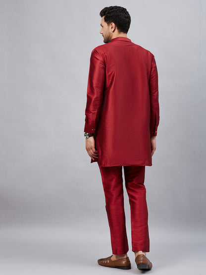 Men's Maroon Cotton Blend Pathani Kurta Pyjama Set