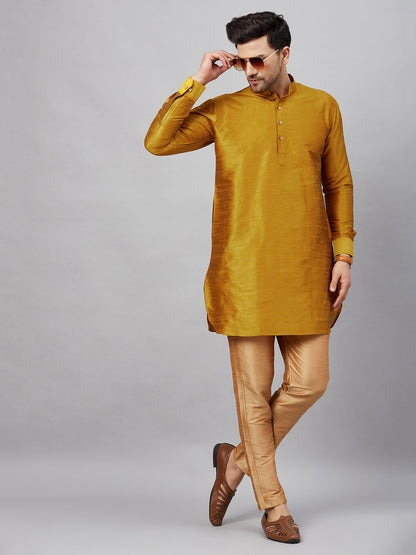 Men's Mustard Cotton Blend Pathani Kurta Pyjama Set