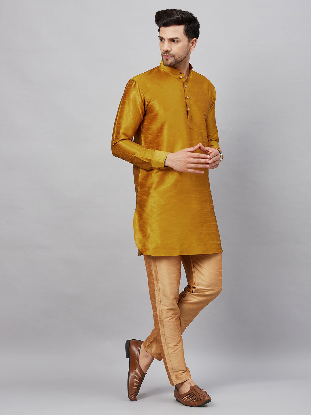 Men's Mustard Cotton Blend Pathani Kurta Pyjama Set