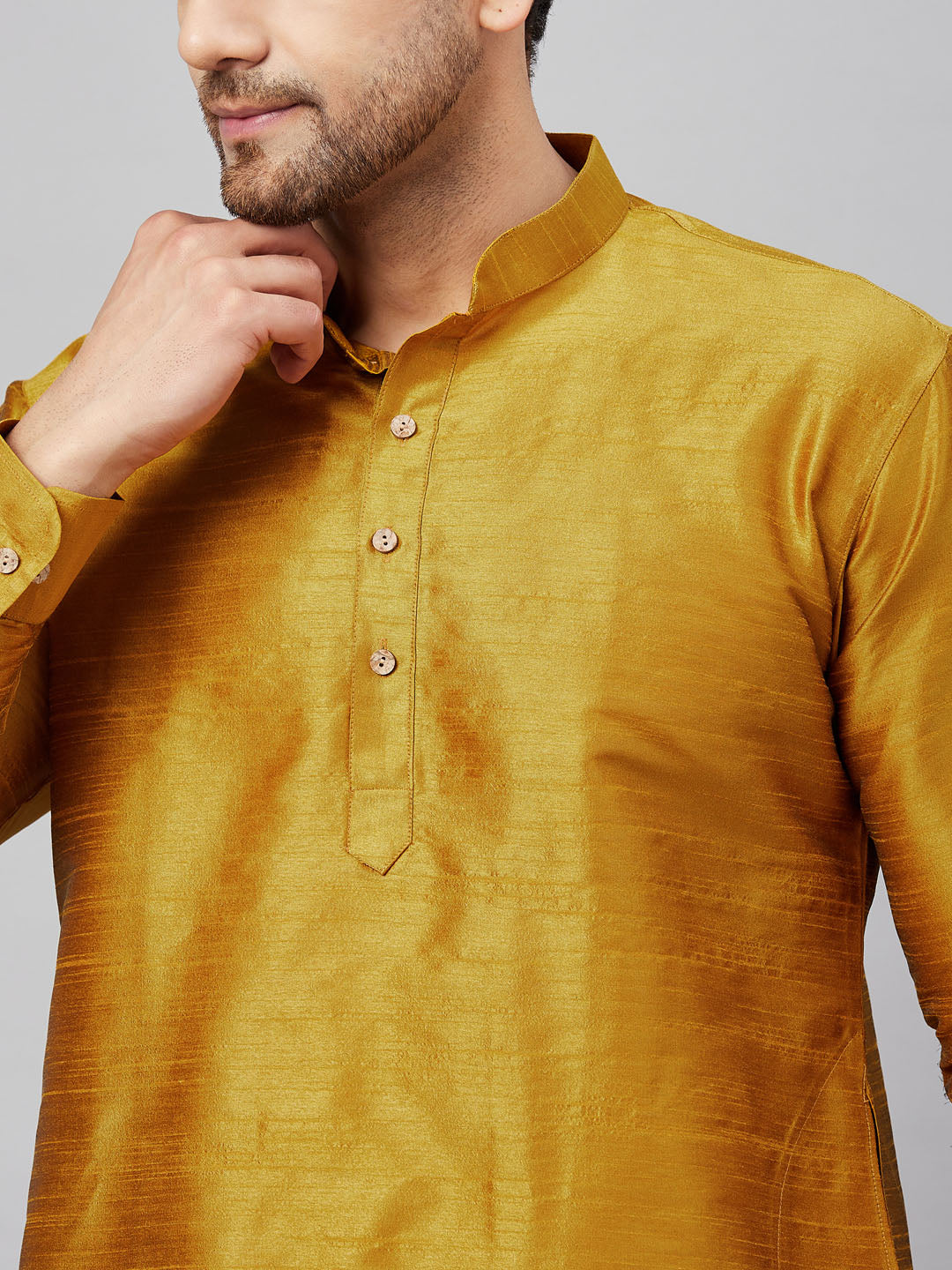 Men's Mustard Cotton Blend Pathani Kurta Pyjama Set