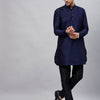 Men's Navy Blue Cotton Blend Pathani Kurta Pyjama Set