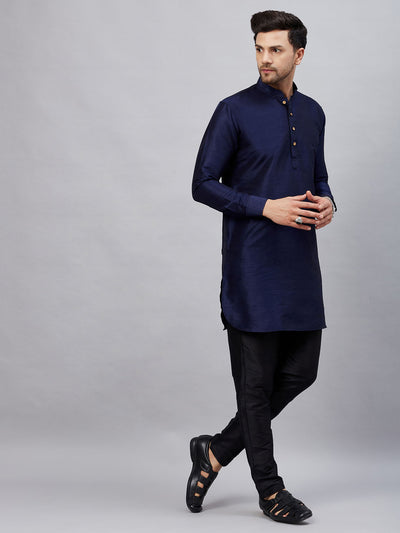 Men's Navy Blue Cotton Blend Pathani Kurta Pyjama Set