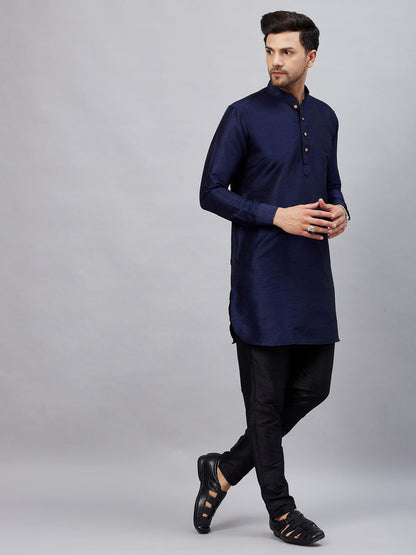 Men's Navy Blue Cotton Blend Pathani Kurta Pyjama Set
