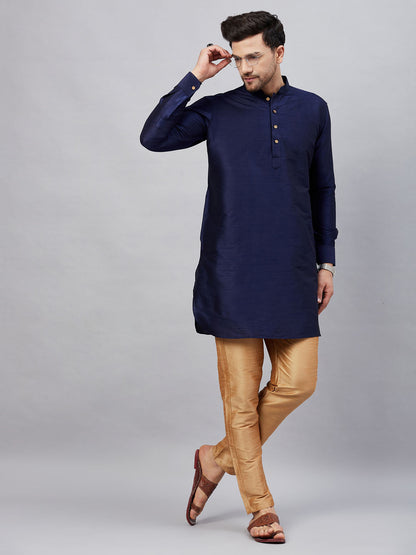 Men's Navy Blue Cotton Blend Pathani Kurta Pyjama Set