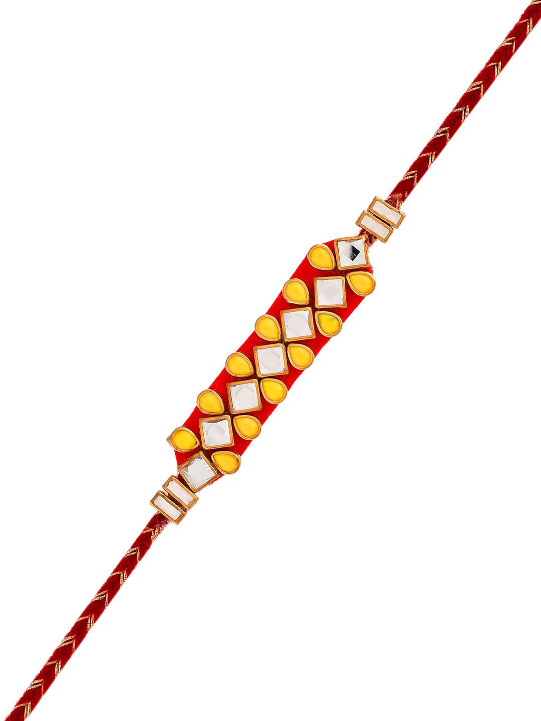 Anouk Set Of 4 Red Kundan-Studded & Beaded Rakhi With Roli Rice & Greeting Card