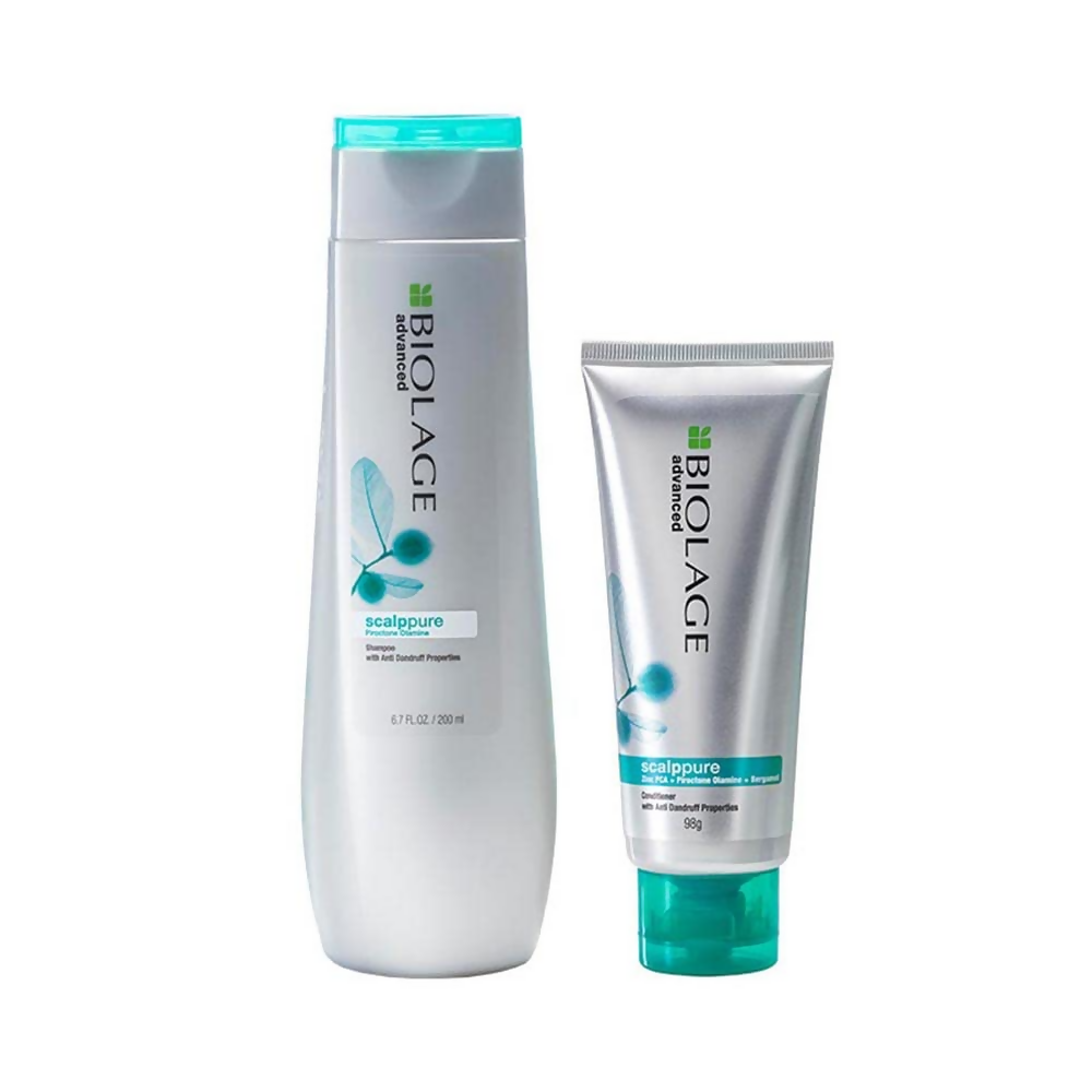 Matrix Biolage Scalppure anti-dandruff shampoo and conditioner duo bottles with clean, professional packaging and product labels